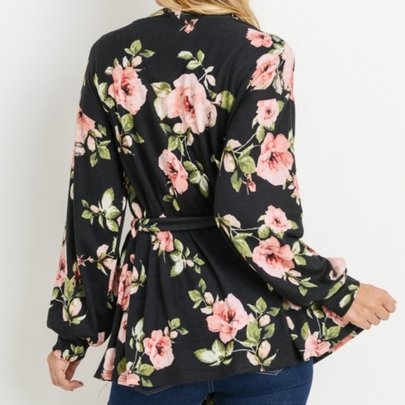 2 LEFT! Floral puff sleeve belted cardigan - Picture 6 of 8